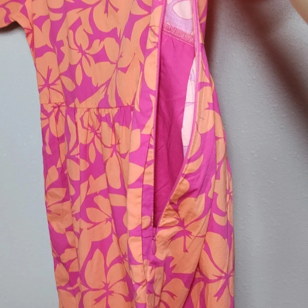 JCrew Pink Orange Tropical Floral Tiered Midi Boho V-Neck Vacation Dress Size 8 - Picture 4 of 8